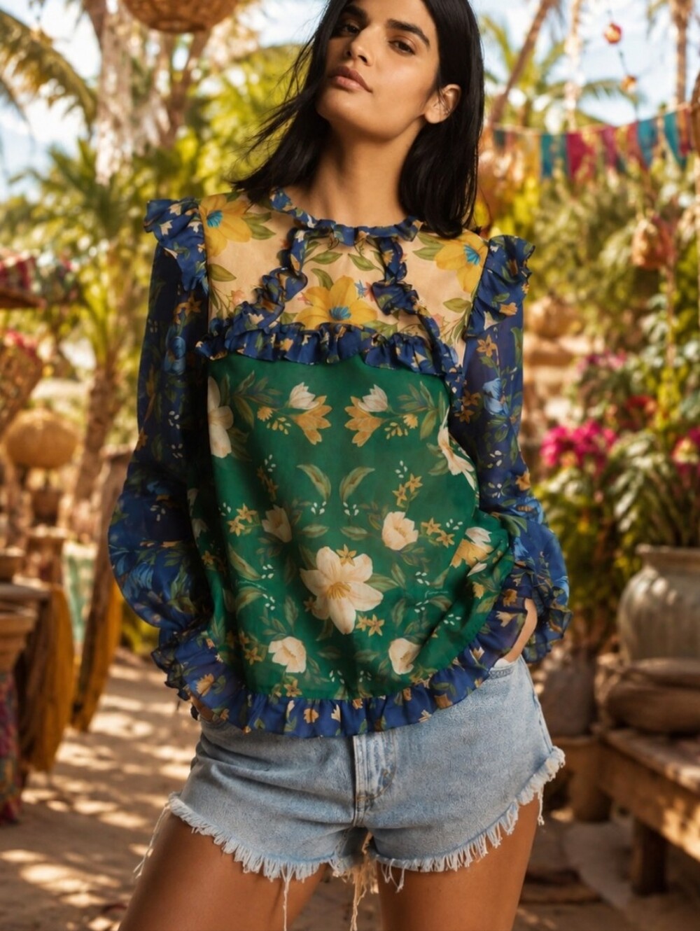 FARM RIO x ANTHROPOLOGIE Long Sleeve High Neck Sheer Ruffle Blue Green Blouse